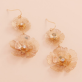 Stone Pointed Double Metal Filigree Flower Link Dropdown Dangle Earrings