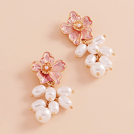 Colored Metal Flower Pearl Cluster Dropdown Earrings