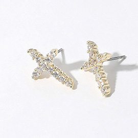 14K Gold Plated CZ Stone Paved Cross Stud Earrings