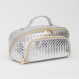 Woven Detailed Solid Tote Bag / Travel Cosmetic Bag