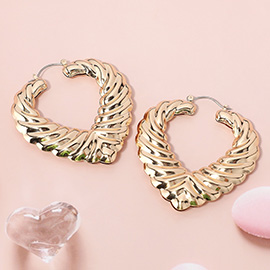 Textured Metal Heart Hoop Pin Catch Earrings