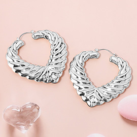 Textured Metal Heart Hoop Pin Catch Earrings