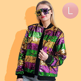 Mardi Gras Sequin Striped Zipper Jacket