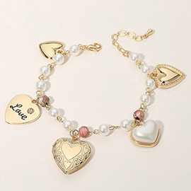 Metal LOVE Engraved Pearl Heart Locket Pearl Charm Beaded Bracelet