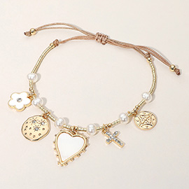 Mother of Pearl Heart Enamel Flower Stone Paved Cross Star Charm Pearl Cylinder Beaded Adjustable Cinch Pull Tie Bracelet