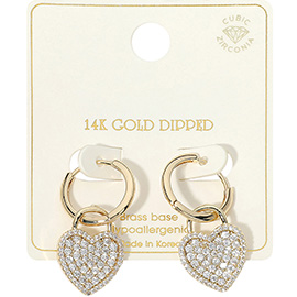 14K Gold Dipped CZ Stone Paved Heart Drop Huggie Earrings