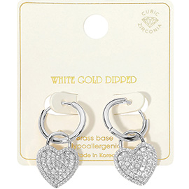 White Gold Dipped CZ Stone Paved Heart Drop Huggie Earrings