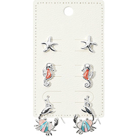 3Pairs - Metal Starfish Enamel Seahorse Stud Crab Dangle Earring Set