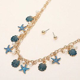 Enamel Starfish Sea Shell Pearl Charm Station Necklace