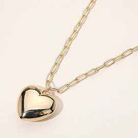 Metal Puffy Heart Pendant Paperclip Chain Long Necklace