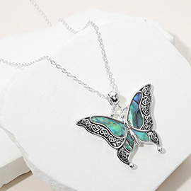 Antique Metal Abalone Pointed Butterfly Pendant Necklace