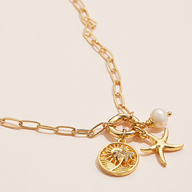 Semi Fine Collection - 18K Gold Dipped Brass Metal Starfish Sea Life Pearl Charm Pendant Paperclip Chain Necklace