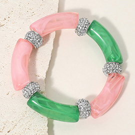 Stone Paved Ring Celluloid Acetate Bar Beaded Stretch Bracelet