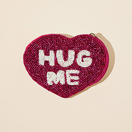 HUG ME Message Heart Shaped Seed Beaded Mini Pouch Bag