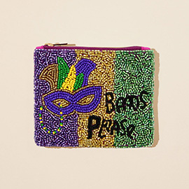 Beads Please Message Mardi Gras Mask Seed Beaded Mini Pouch Bag