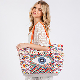 Evil Eye Boho Print Pom Pom fringe Tote Bag