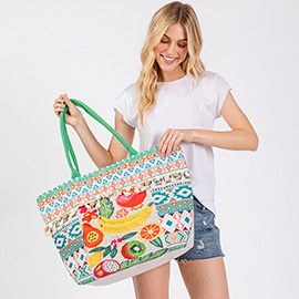 Fruit Boho Print Pom Pom Fringe Tote Bag