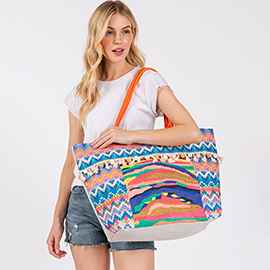 Boho Print Pom Pom Fringe Tote Bag