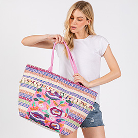 Boho Print Pom Pom Fringe Tote Bag