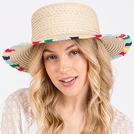 Multi Colored Wide Stitch Trim Straw Sun Hat