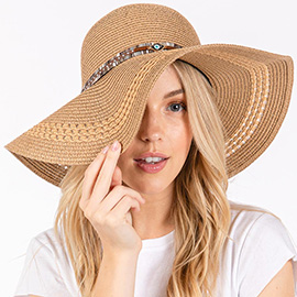 Wide Brim Straw Sun Hat with Evil Eye and Multi Design Band