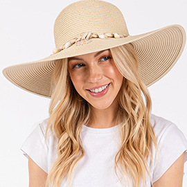 Wide Brim Straw Sun Hat with Shell and Conch Braided Band