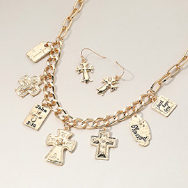 Metal Cross Bible Charm Station Chunky Chain Necklace