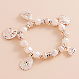 Metal Shell Sand Dollar Pearl Starfish Charm Pearl Beaded Stretch Bracelet