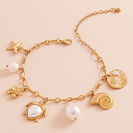 Pearl Turtle Starfish Shell Flower Charm Station Paperclip Chain Bracelet