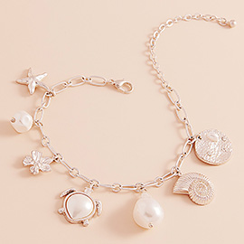 Pearl Turtle Starfish Shell Flower Charm Station Paperclip Chain Bracelet