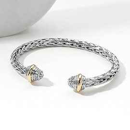 Stone Paved Tip Two Tone Metal Braided Cuff Bracelet