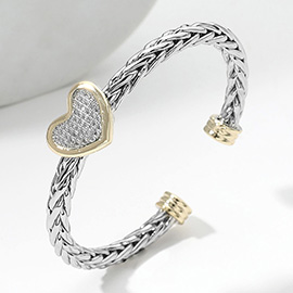 CZ Stone Paved Two Tone Heart Cluster Pointed Braided Metal Cuff Bracelet