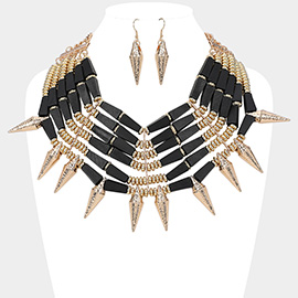 Wooden Metal Bat Beaded Spike Statement Necklace