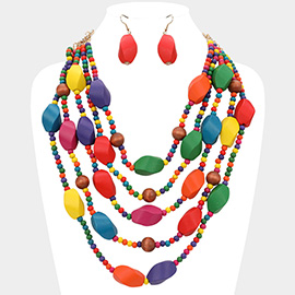 Wooden Beaded Multi Layered Strand Statement Necklace