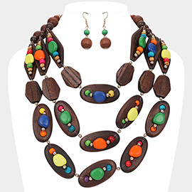 Triple Layered Pebble Embellished Wooden Plate Bib Statement Necklace