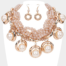 Chunky Pearl Charm Station Faceted Beaded Statement Necklace