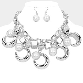 Pearl Metal Crescent Charm Station Abstract Chain Statement Necklace