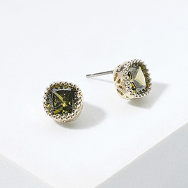 14K Gold Plated Square CZ Stone Stud Earrings