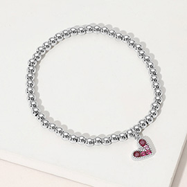 Stainless Steel Ball Heart Charm Beaded Stretch Bracelet