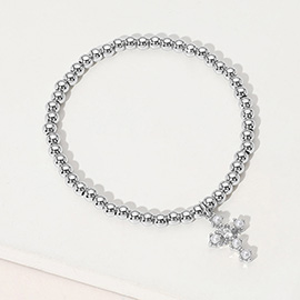 Stainless Steel Ball Pearl Cross Charm Beaded Stretch Bracelet