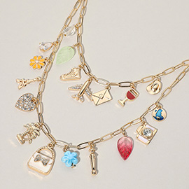 Various Charm Station Double Layered Paperclip Chain Necklace