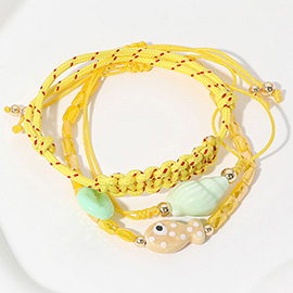 3PCS - Ceramic Fish Puka Shell Miter Shell Charm Beaded Braided Cinch Pull Tie Bracelets