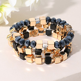 3PCS - Metal Cube Faceted Beaded Stretch Multi Layered Bracelets