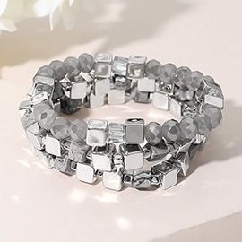 3PCS - Metal Cube Faceted Beaded Stretch Multi Layered Bracelets