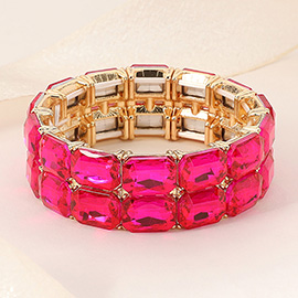 2 Row Rectangle Glass Stone Cluster Stretch Evening Bracelet