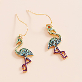 Stone Paved Colored Metal Flamingo Dangle Earrings