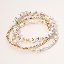 3PCS - NANA Message Floral Ceramic Metal Ball Pearl Beaded Stretch Multi Layered Bracelets