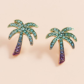 Stone Paved Colored Metal Palm Tree Stud Earrings