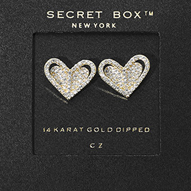 SECRET BOX_14K Gold Dipped CZ Stone Paved Heart Stud Earrings