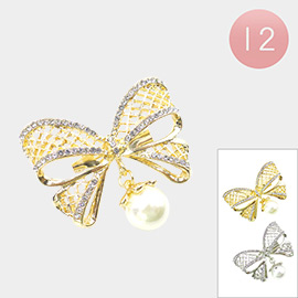 12PCS - Pearl Dangle Stone Paved Rim Bow Pin Brooches